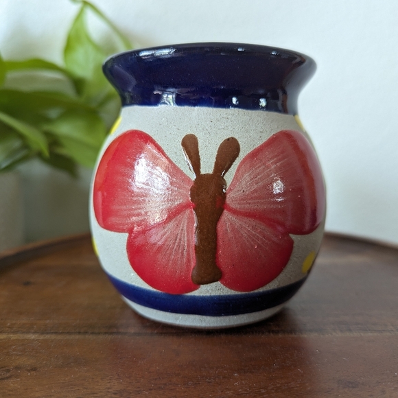 Vintage Mexican Folk Art Hand Painted Terracotta Pottery Stoneware Mug Butterfly - Picture 4 of 13